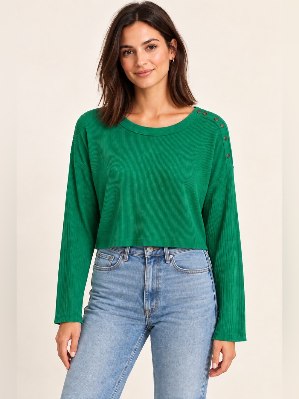 Michael Stars Emerald Green Ribbed Button-Shoulder Sweatshirt